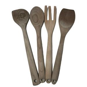 Set Of Four (4) Spoons & Fork Wooden Carved